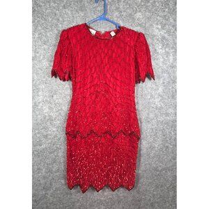 Vintage Laurence Kazar Short Sleeve Dress Red Size Medium Petite Silk Beaded